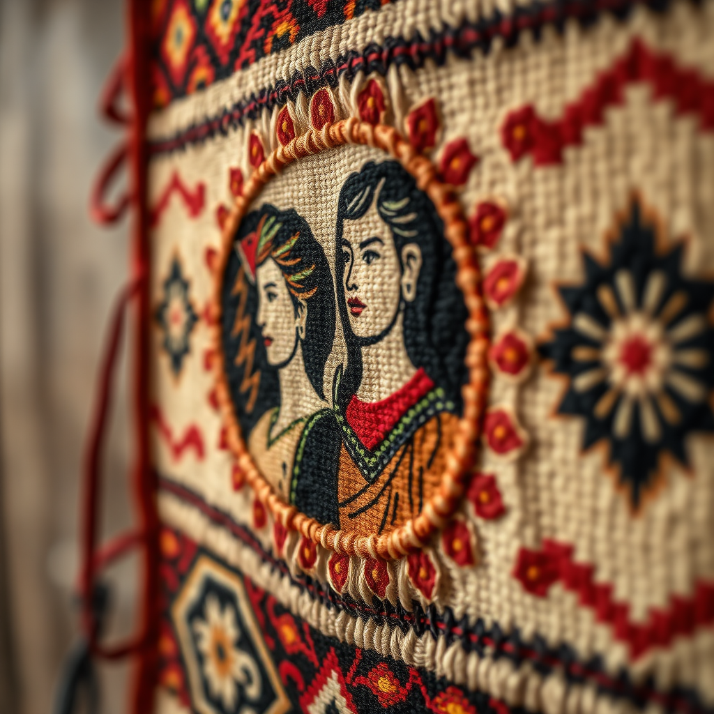 A photorealistic image depicting a close-up of a woven tapestry featuring traditional Indigenous patterns. Within the tapestry, subtly incorporate images of strong female figures and symbols of hope and resilience. The color palette should be warm and earthy, with accents of vibrant colors representing the strength and spirit of Indigenous women. The lighting should be soft and focused, highlighting the intricate details of the weaving. The background should be blurred to draw attention to the tapestry. Style reference: Indigenous art, woven tapestries. 4K resolution, high quality.